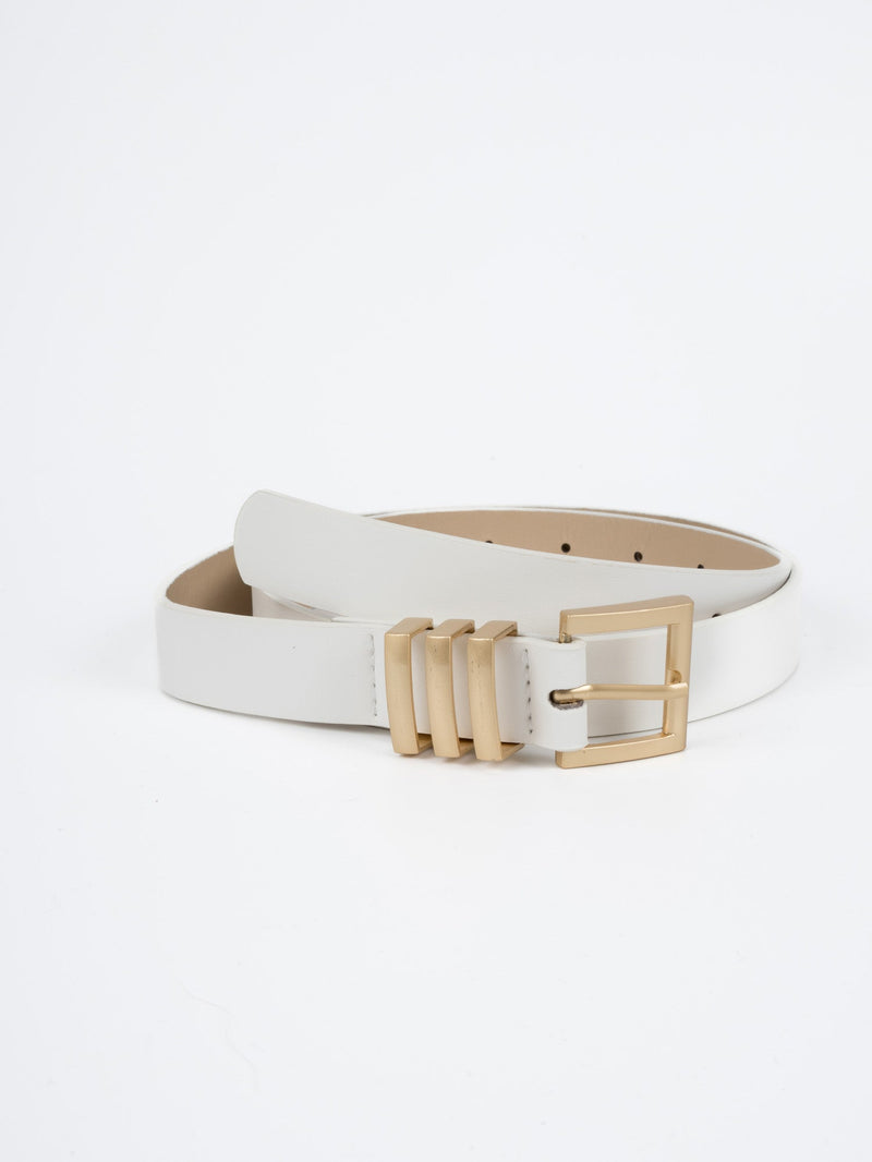 Vegan PU Leather Belt - Marseille - Chunky Square Buckle - Gold / White - 105cm