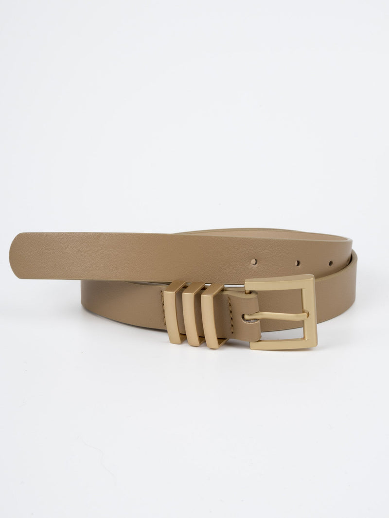 Vegan PU Leather Belt - Marseille - Chunky Square Buckle - Gold / Beige - 105cm