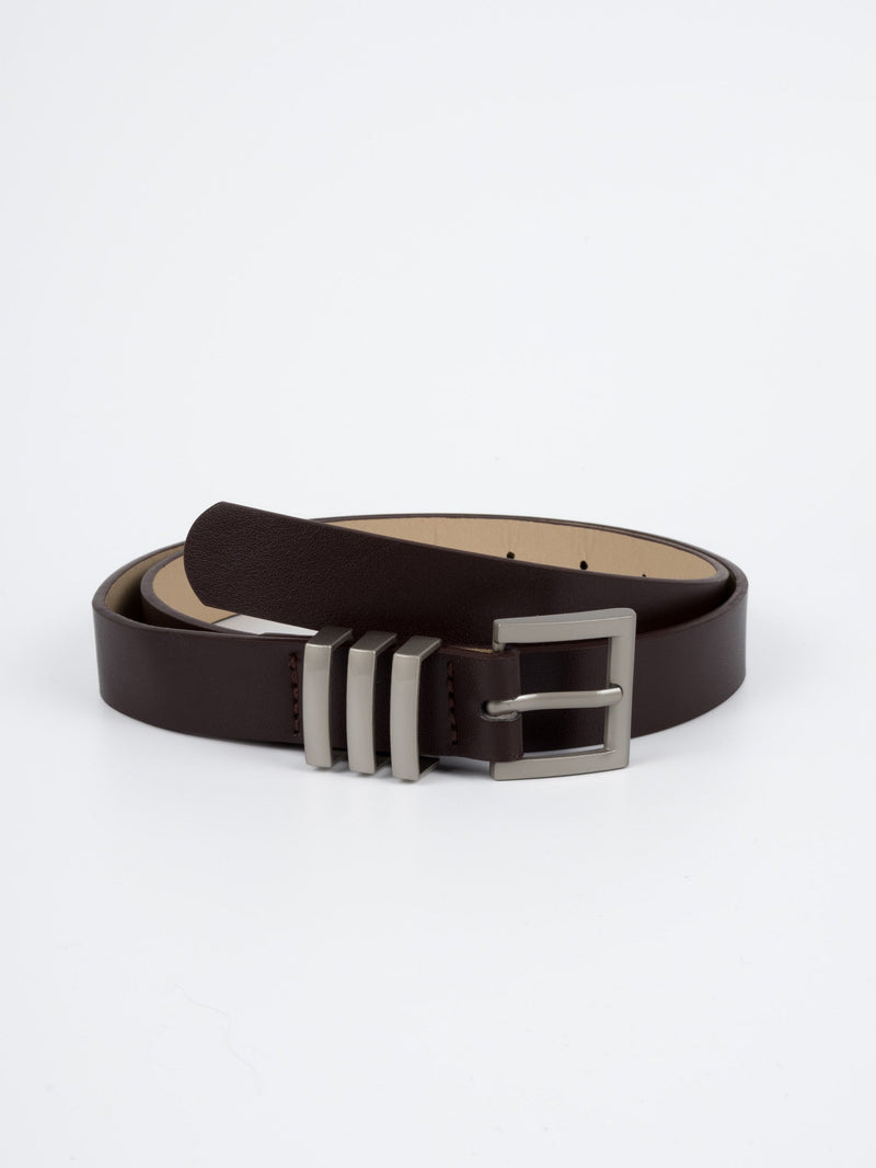 Vegan PU Leather Belt - Marseille - Chunky Square Buckle - Silver / Coffee - 105cm