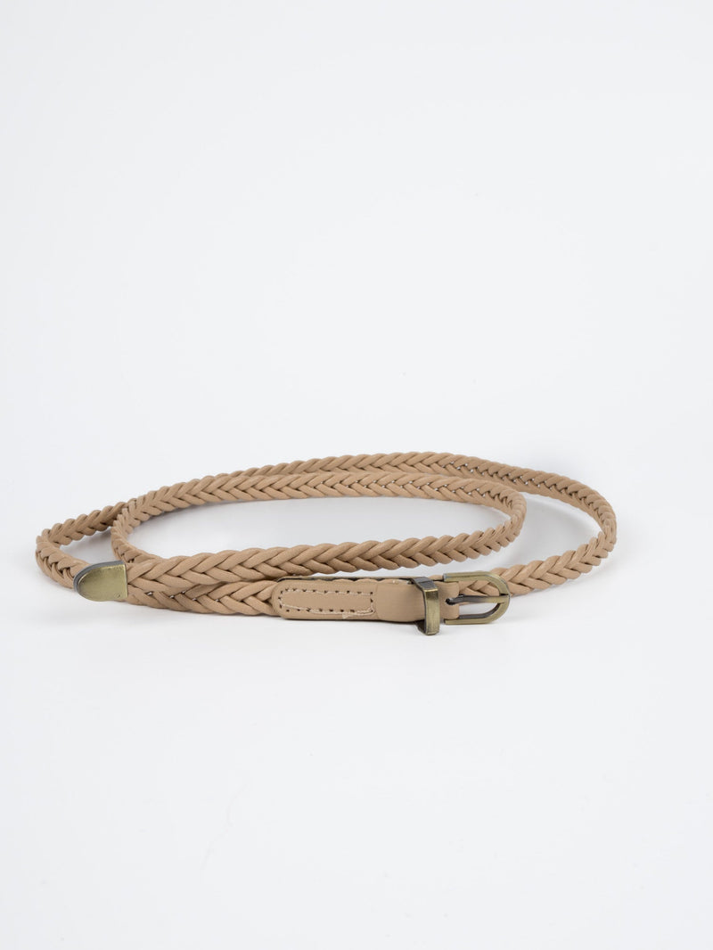 Vegan PU Leather Belt - Toulouse - Plaited Narrow - Gold / Beige - 100cm