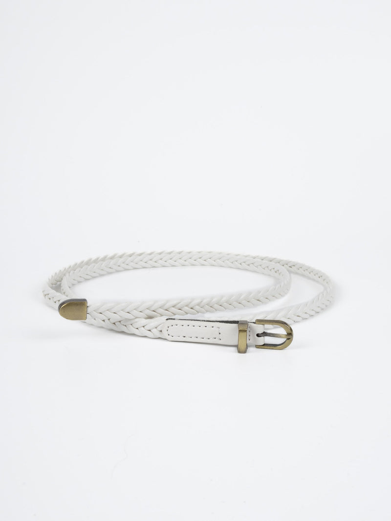 Vegan PU Leather Belt - Toulouse - Plaited Narrow - Gold / White - 100cm