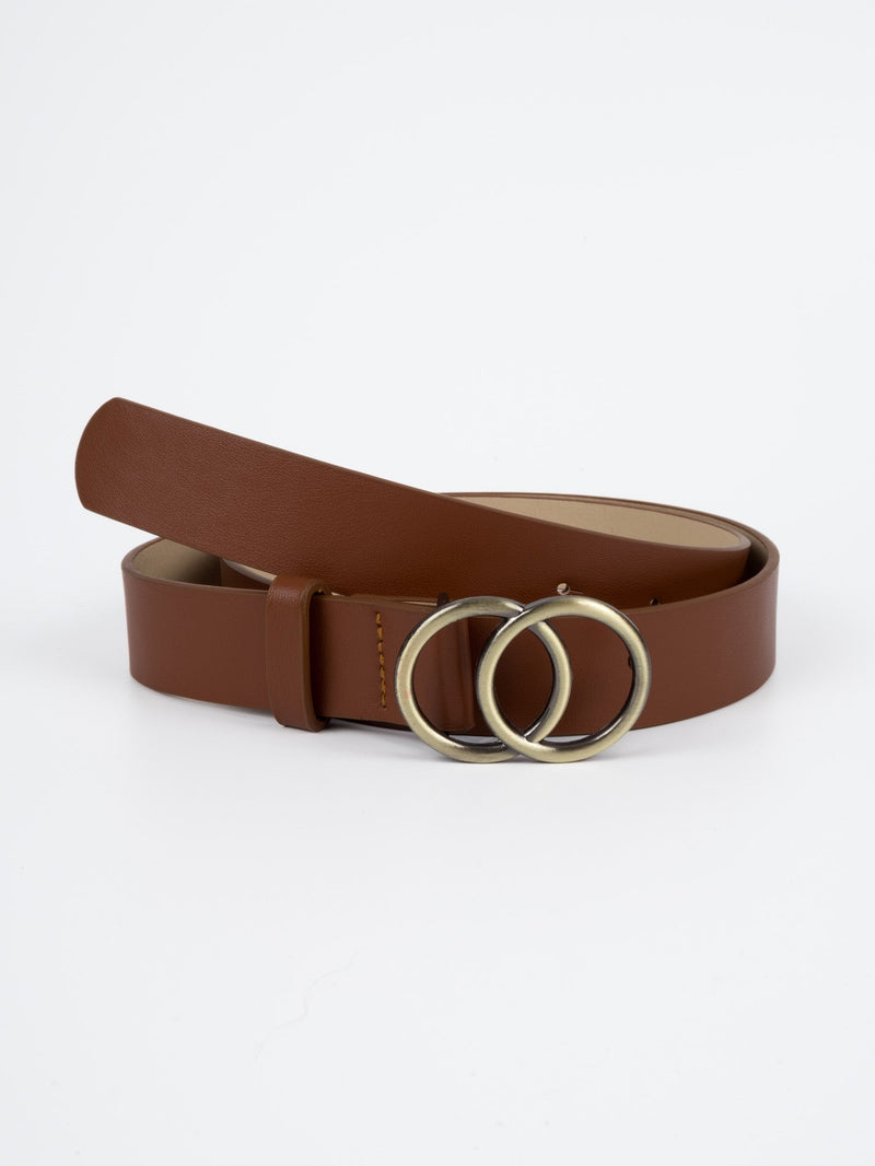 Vegan PU Leather Belt - Montpellier - Double Ring Buckle - Gold / Tan - 105cm