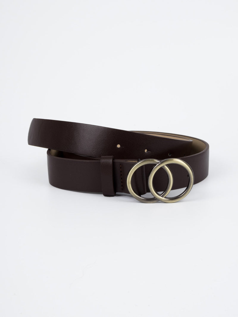 Vegan PU Leather Belt - Montpellier - Double Ring Buckle - Gold / Coffee - 105cm