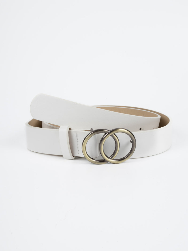 Vegan PU Leather Belt - Montpellier - Double Ring Buckle - Gold / White - 105cm