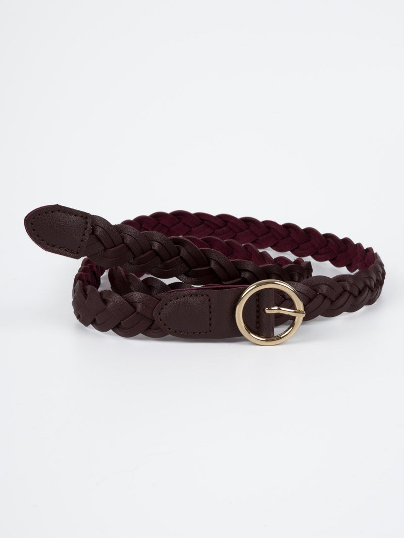 Vegan PU Leather Belt - Lille - Woven - Gold / Wine - 108cm