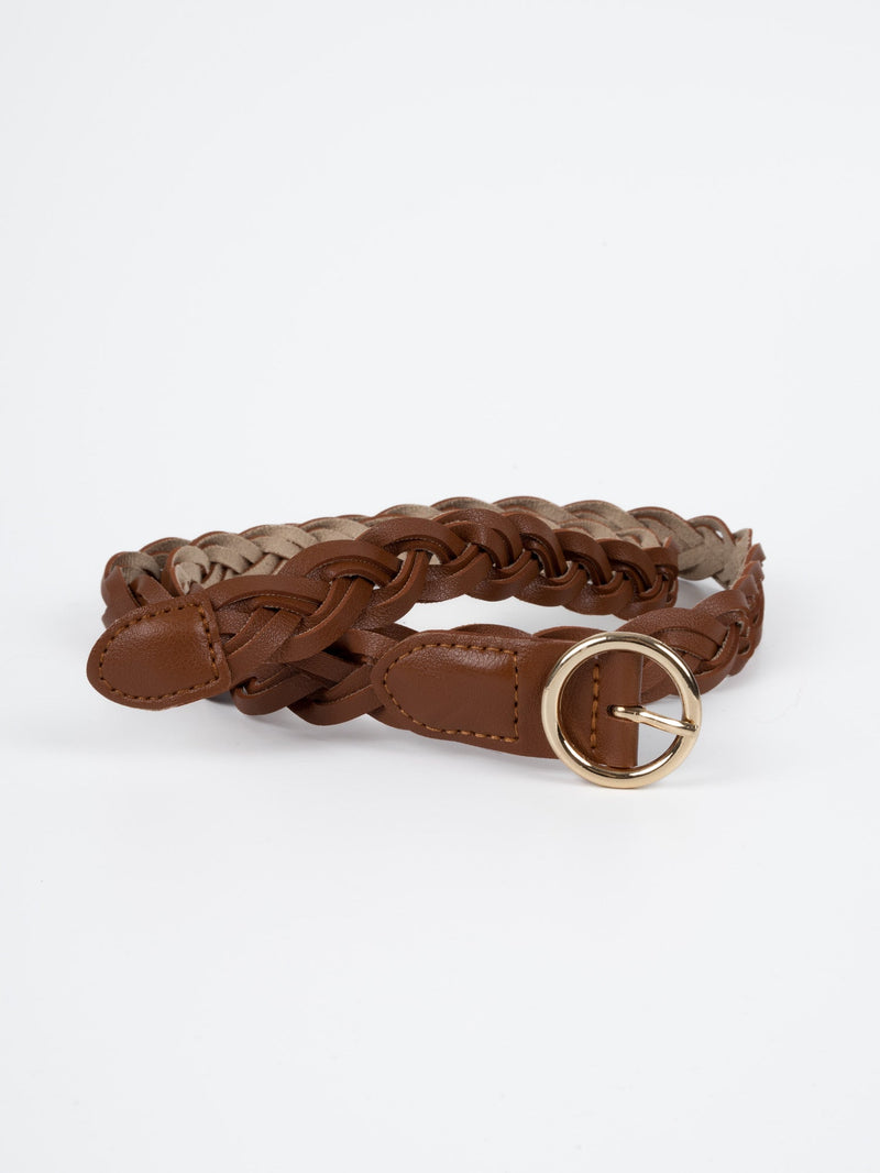 Vegan PU Leather Belt - Lille - Woven - Gold / Tan - 108cm