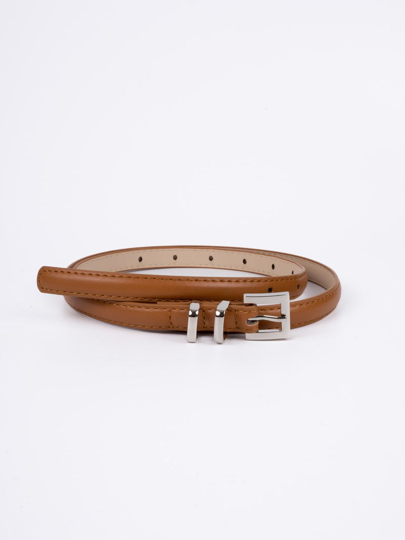 Vegan PU Leather Belt - Toulon - Classic Thin Square Buckle - Silver / Tan - 104cm