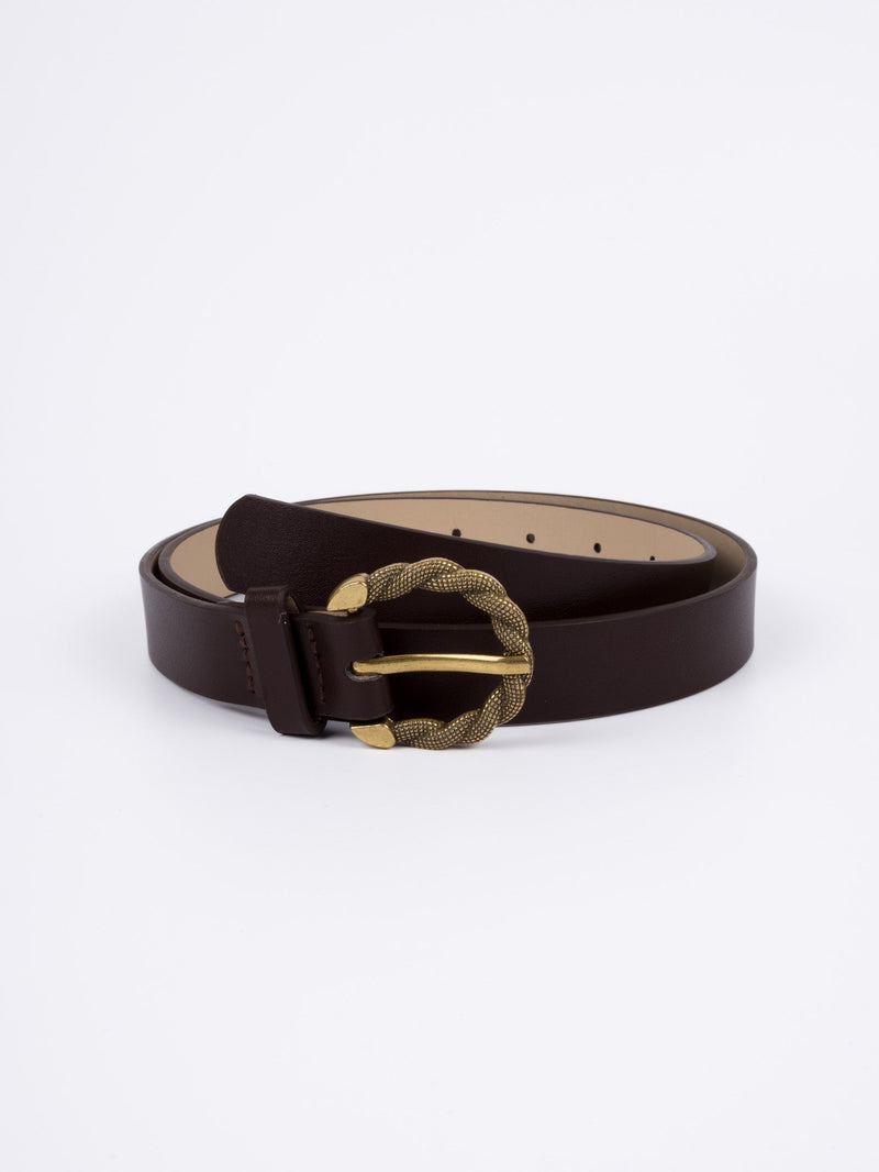 Vegan PU Leather Belt - Tours - Twisted Buckle - Gold / Coffee - 107cm