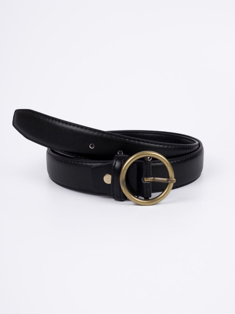 Vegan PU Leather Belt - Amiens - Round Buckle - Gold / Black - 107cm