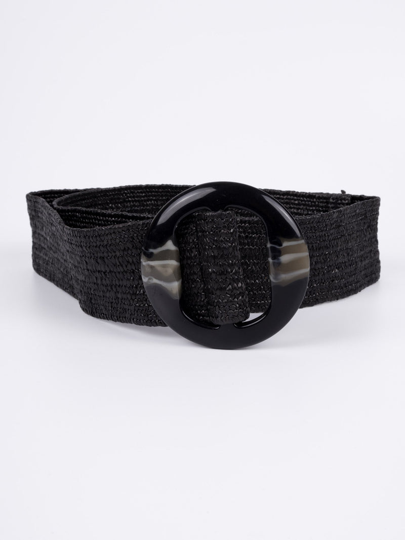 Vegan Woven Waist Belt - Rouen - Round Buckle - Black - 90cm