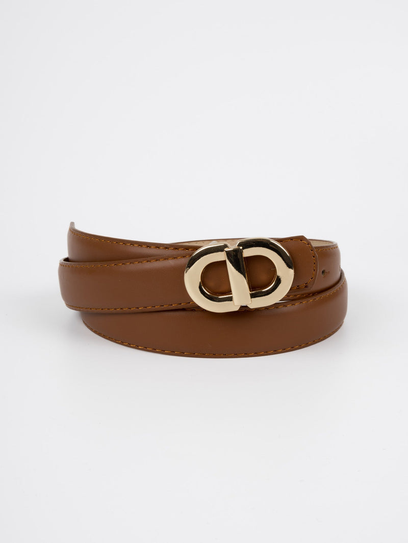 Vegan PU Leather Belt - Versailles - Double Linked Buckle - Gold / Tan - 102cm