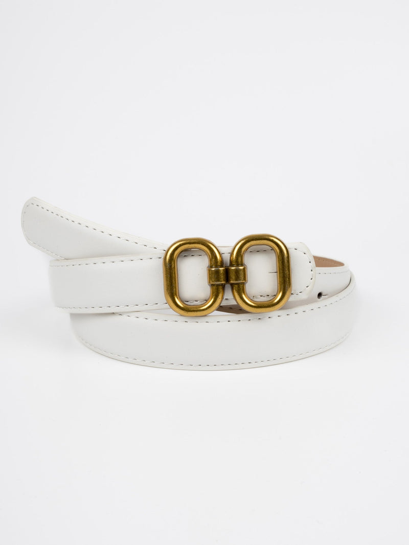 Vegan PU Leather Belt - Roubaix - Double Linked Oval Buckle - Gold / White - 102cm