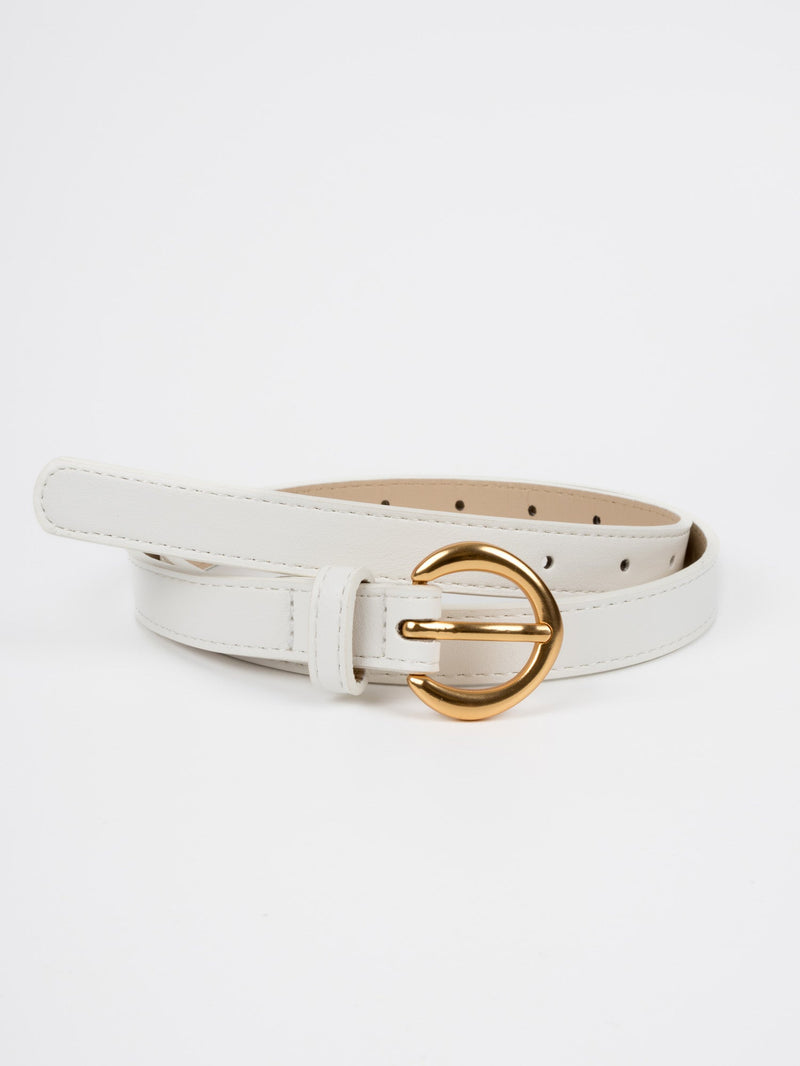 Vegan PU Leather Belt - Cannes - Classic Curved Buckle - Gold / White - 106cm