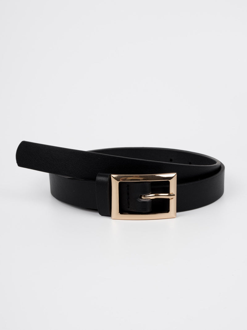 Vegan PU Leather Belt - Calais - Rectangle Buckle - Gold / Black - 104cm