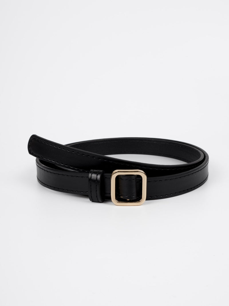 Vegan PU Leather Belt - Sarcelles - Small Square Buckle - Gold / Black - 105cm