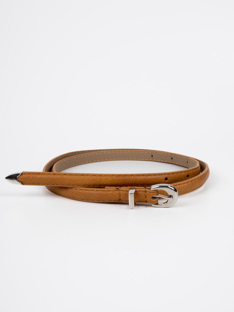 Vegan PU Leather Belt - Cholet - Classic Thin Buckle - Silver / Tan - 104cm