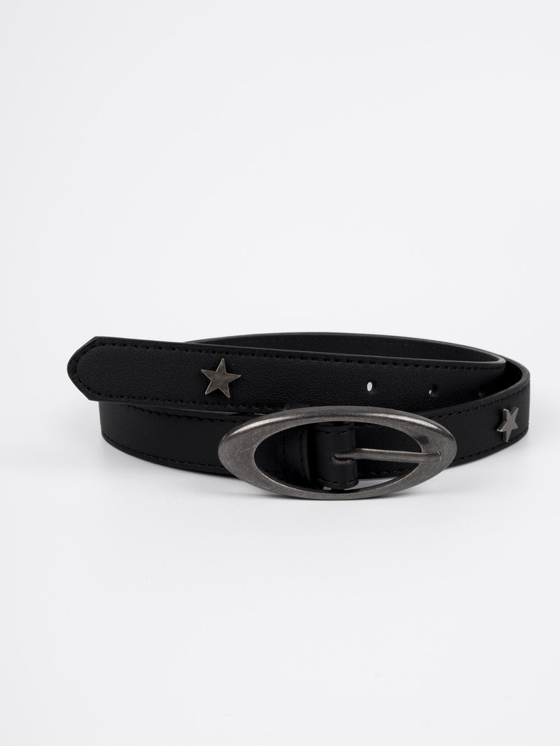 Vegan PU Leather Belt - Vannes - Star Stud Detail - Silver / Black - 105cm