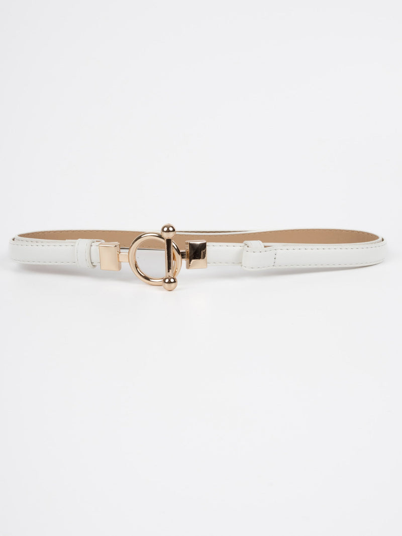 Vegan PU Leather Belt - Arles - Thin T-Bar Buckle - Gold / White - 103cm