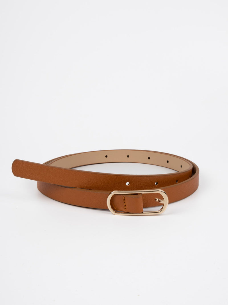 Vegan PU Leather Belt - Arras - Narrow Oval Buckle - Gold / Marmalade - 105cm