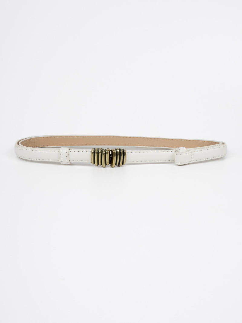 Vegan PU Leather Belt - Nevers - Vertical Lines Buckle - Gold / White - 100cm