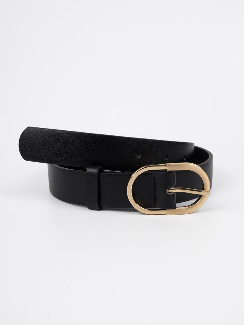 Vegan PU Leather Belt - Agen - Wide Oval Buckle - Gold / Black - 103cm