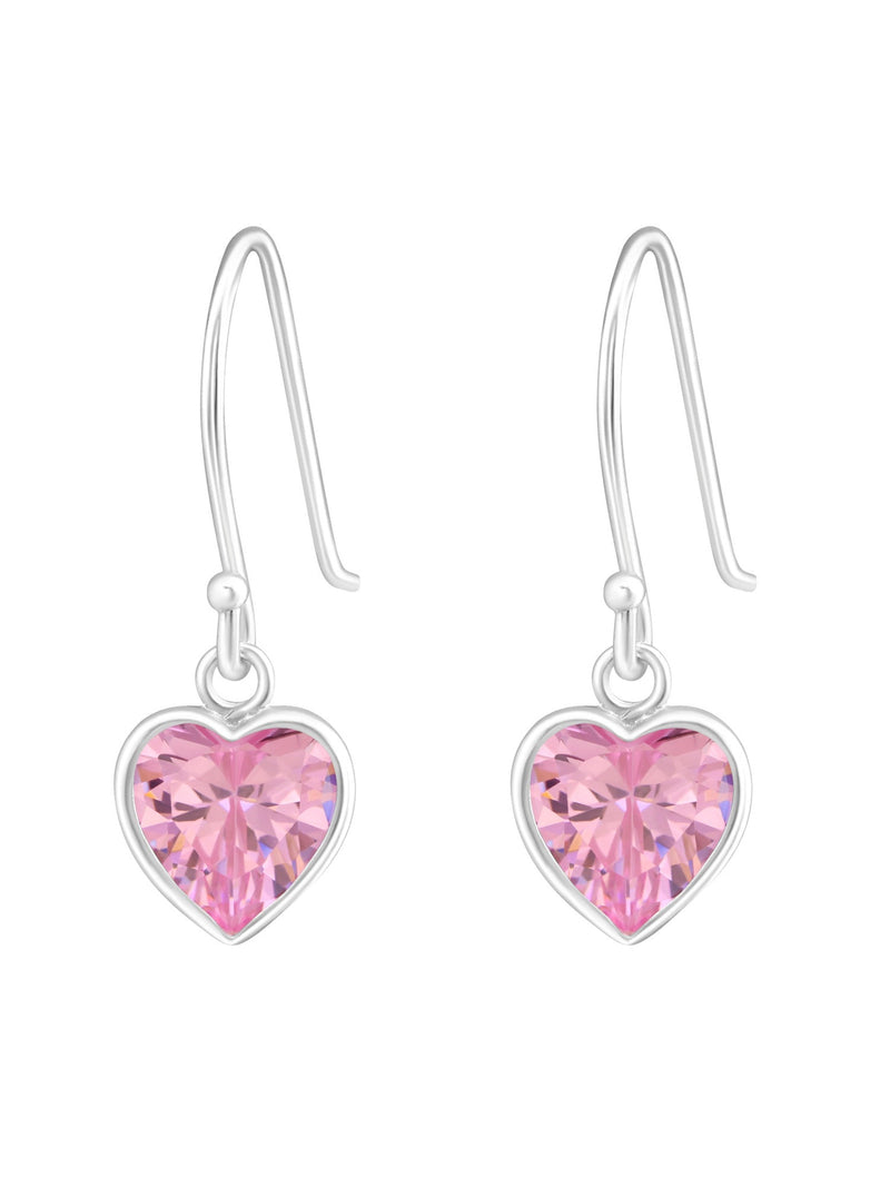 Silver Heart Hook Earrings - Pink
