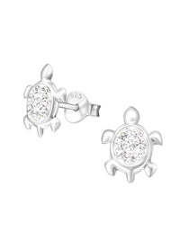 Silver Turtle Stud Earrings - Crystal