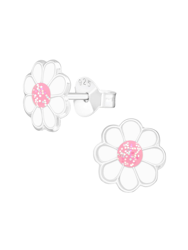 Silver Flower Stud Earrings - Epoxy - Pink Glitter