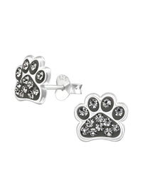 Silver Paw Print Stud Earrings - Black Diamond