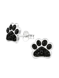 Silver Paw Print Stud Earrings - Black