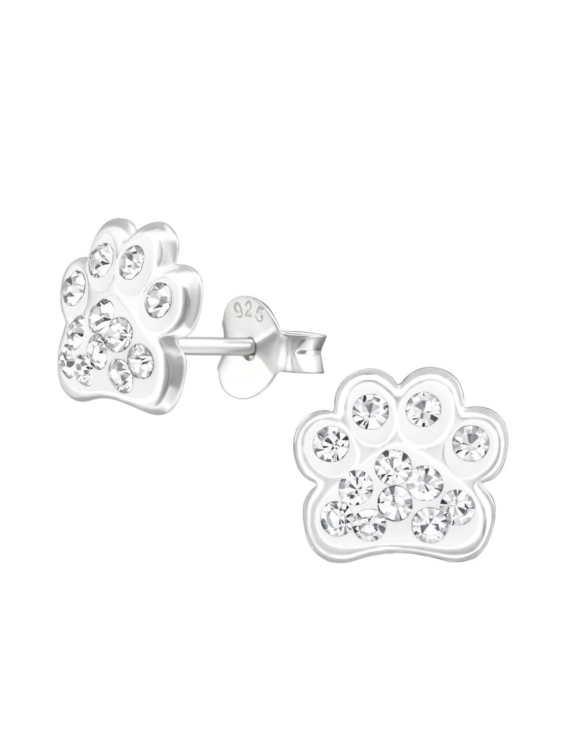 Silver Paw Print Stud Earrings - Crystal