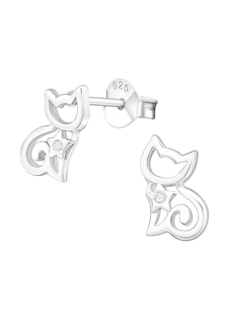 Silver Cat Stud Earrings - CZ Crystal