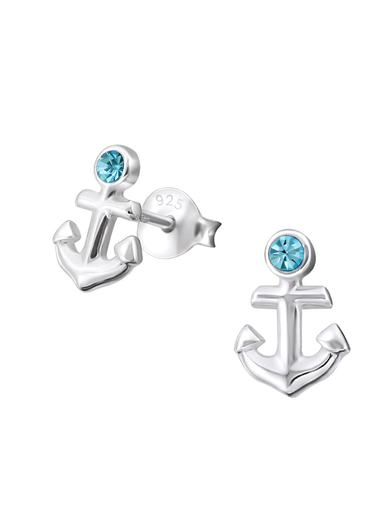 Silver Anchor Stud Earrings - Aqua