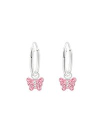 Silver Ear Huggies with Hanging Butterfly - Pink