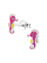 Silver Seahorse Stud Earrings - Epoxy - Pink