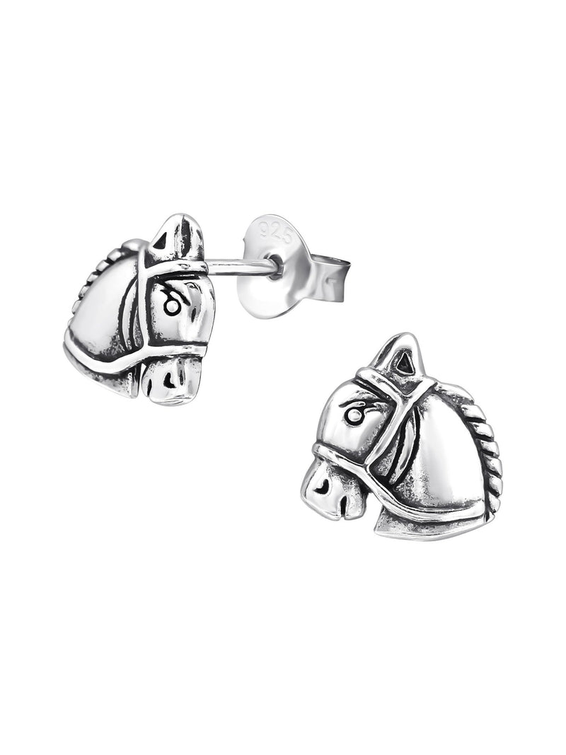 Silver Horse Head Stud Earrings - Oxidized