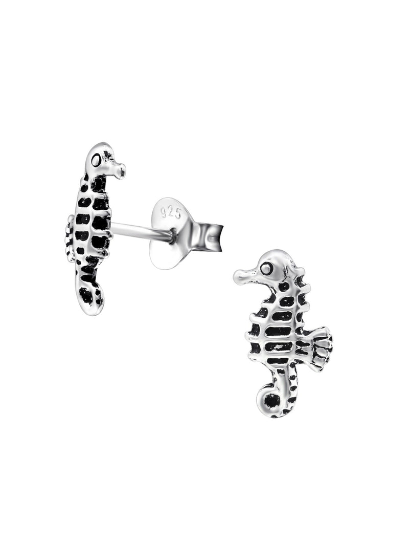 Silver Seahorse Stud Earrings Oxidized