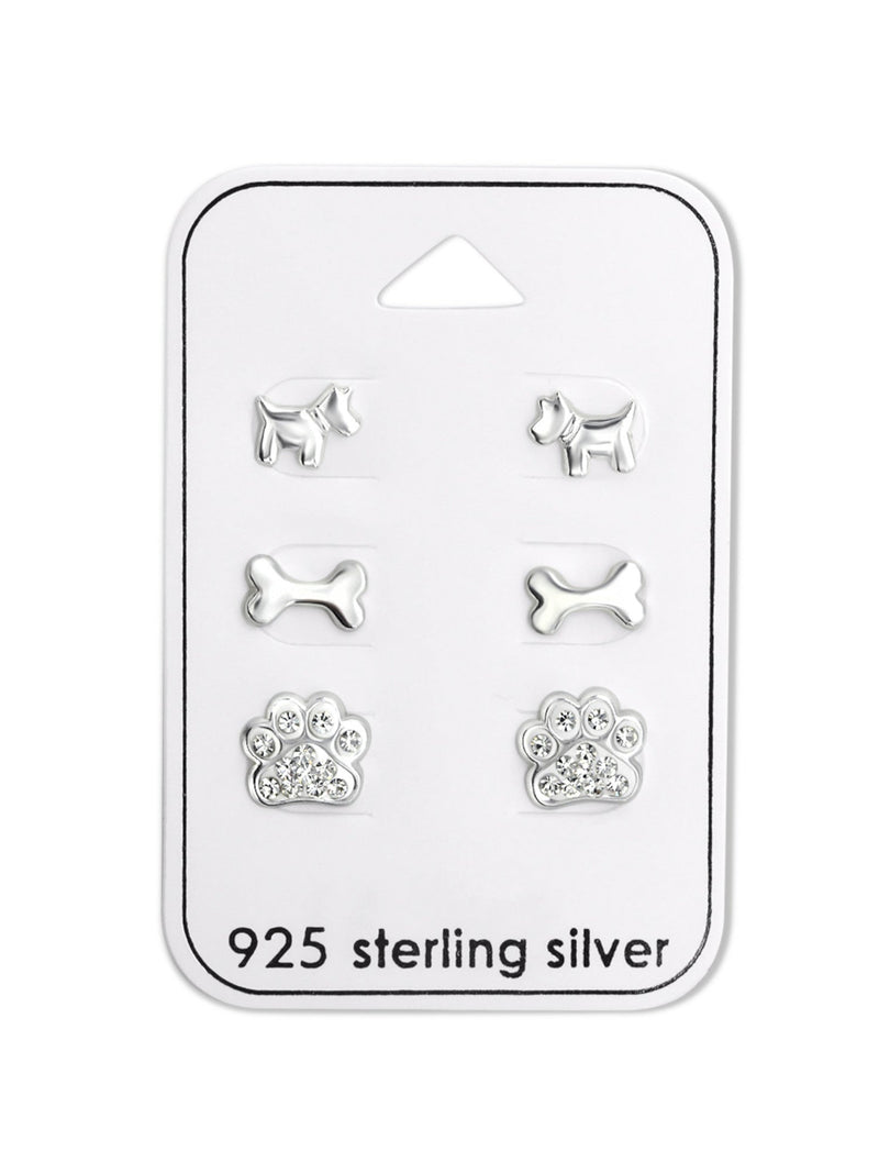 Silver Dog Stud Earrings - Set of 3