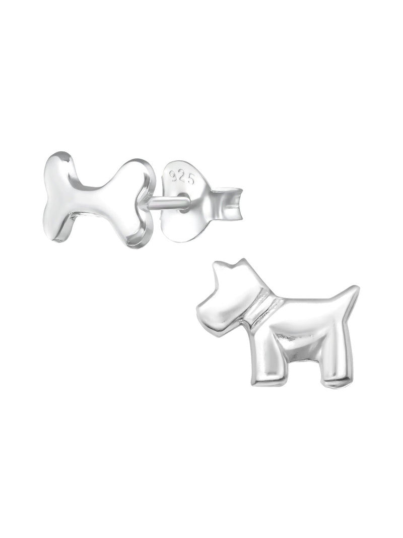 Silver Dog + Bone Stud Earrings