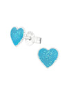 Silver Heart Stud Earrings - Epoxy - Light Blue Glitter