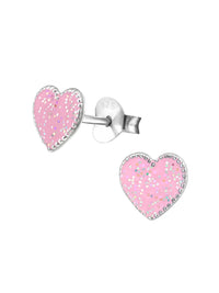 Silver Heart Stud Earrings - Epoxy - Light Pink Glitter