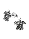 Silver Turtle Stud Earrings - Oxidized - Black Spinel