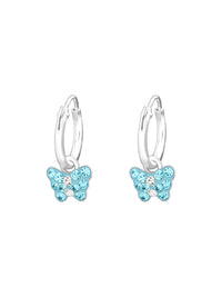 Silver Hanging Butterfly Huggies - Light Blue