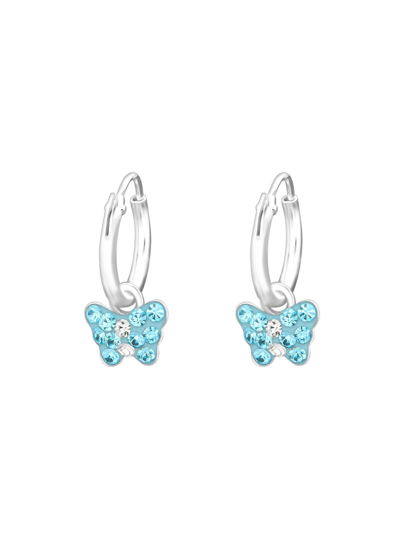 Silver Hanging Butterfly Huggies - Light Blue