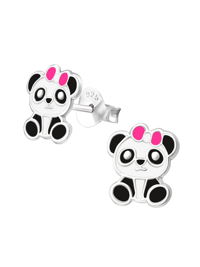 Silver Panda Stud Earrings - Epoxy -Pink + White