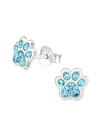 Silver Paw Print Stud Earrings - Crystal - Aqua Bohemica