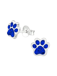 Silver Paw Print Stud Earrings - Crystal - Sapphire