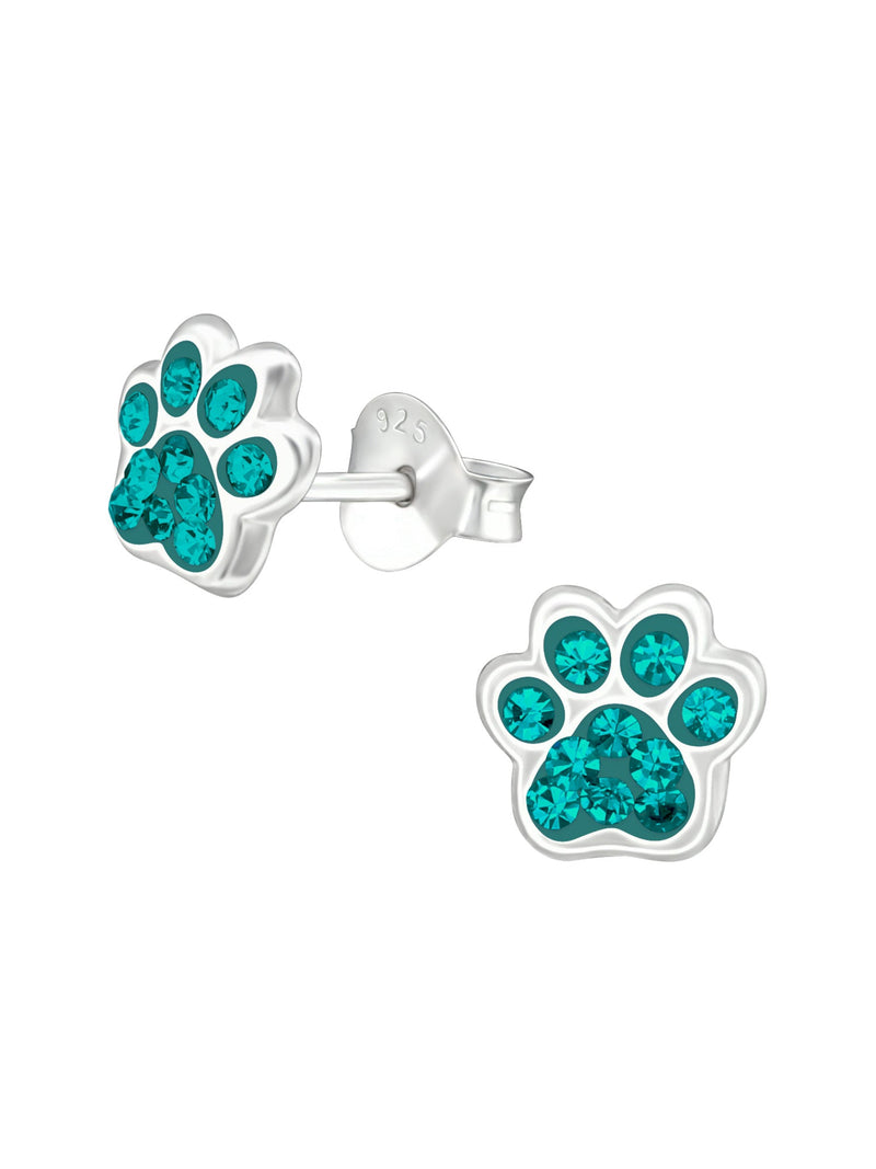 Silver Paw Print Stud Earrings - Crystal - Blue Zircon