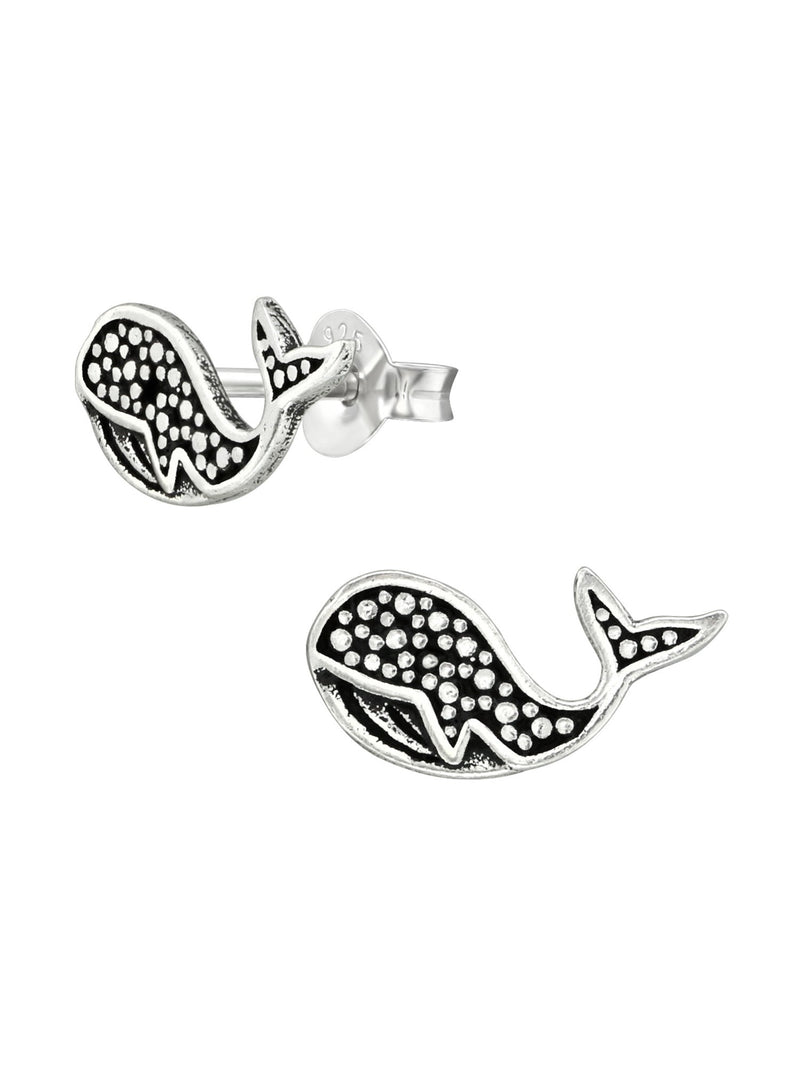 Silver Whale Stud Earrings - Oxidized