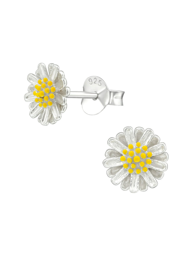 Silver Flower Stud Earrings - Yellow